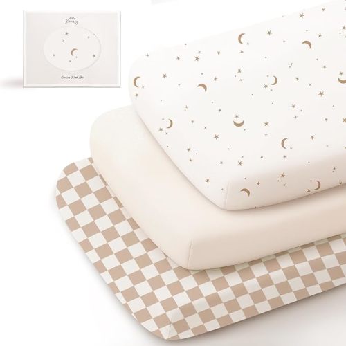 Konssy 3 Pack Stretchy Bassinet Sheets for Baby Girl Boy, Soft Breathable Baby Bassinet Mattress Sheets Fit for Hourglass Oval Cradle, Moses Basket Rectangle Mattress (Coffee Check)
