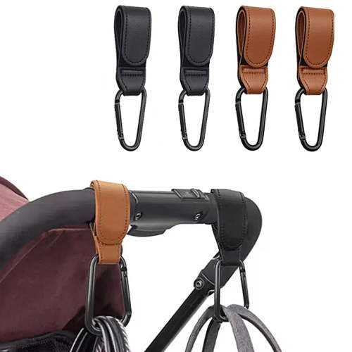 4 Pack Generic Baby Stroller Hooks, Leather Clips for Diaper Bags, Infant Accessory, Brown & Black