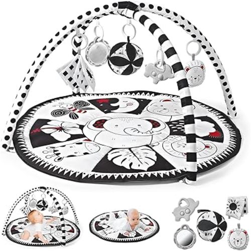 Black and White Tummy Time Mat, Play Mat for Babies 0-6 Months High Contrast Baby Play Activity Gym Baby Tummy Time Play Mat with 5 Toys for Early Sensory Exploration Newborn Infant Baby Playmat