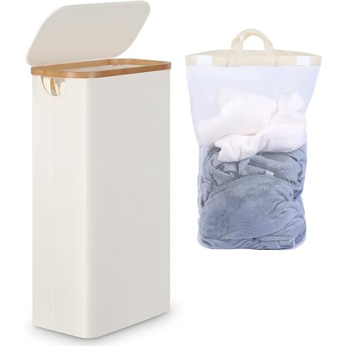 efluky Slim Laundry Hamper with Lid, Narrow Laundry Hamper with Removable Bags, Collapsible Dirty Clothes Basket with Handles for Bathroom, Bedroom & Laundry Room, 63L Beige