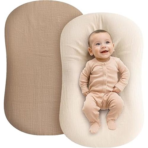 Muslin Baby Lounger Cover - 2 Pack Organic Cotton Baby Pillow Lounger Cover for Newborn - Soft and Breathable Infant Pillow Lounger Cover - Covers Only