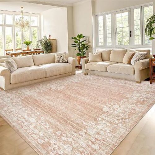 Washable Rugs for Living Room Modern Floral Area Rug Indoor Farmhouse Bordered Rug, 9'x12'