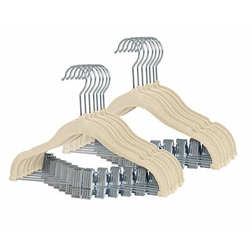 Finnhomy Non-Slip Clothes Hangers for Baby and Kids 20-Pack Velvet Hangers with Movable Clips, Heavy-Duty and Space-Saving for Pants,Skirts, Coat, Beige
