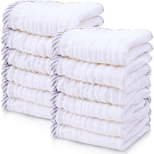 Cute Castle 12 Pack Muslin Baby Washcloths - Large 12'' by 12'' - Ultra Soft 100% Cotton - Super Absorbent Burp Cloths for Unisex, Boy, Girl -Stripe