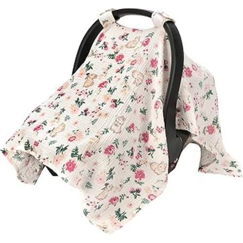 SERAPHY 100% Muslin Cotton Car Seat Covers for Babies, Universal Baby Car Seat Cover, Breathable Muslin Carseat Cover Canopies for Boys and Girls, Soft Infant Car Seat Cover for Summer — Rabbits