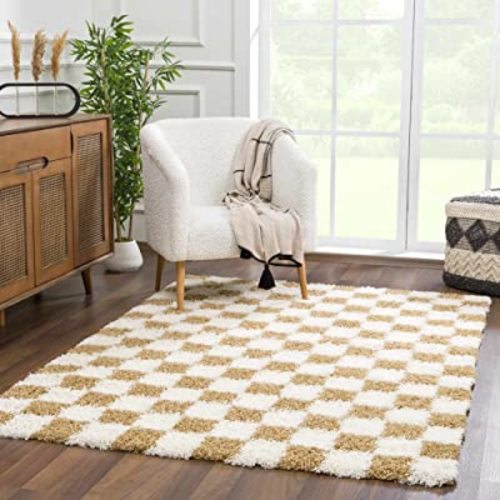 Hauteloom Atira Contemporary Checkered Fluffy Shag Area Rug - Modern Geometric Carpet Tiles for Living Room, Kids Room, Nursery - Plush Pile - Light Mustard,Cream - 4' x 6'