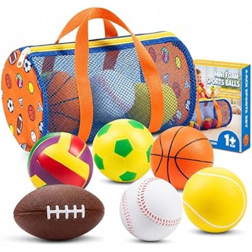 Sports Balls for Toddlers 1-3, 6 Piece Soft Sports Balls with Foam Soccer, Basketball, Football, Baseball, Tennis & Volleyball - Toddler Boys & Girls Ball Toy Gift