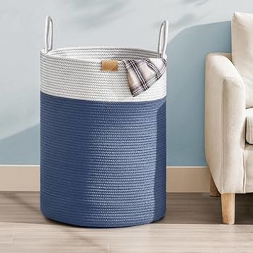 95L Laundry Hamper Basket,Baby Nursery Woven Storage Basket for Toys Bin,Pillows,Blankets,Clothes,Navy Blue