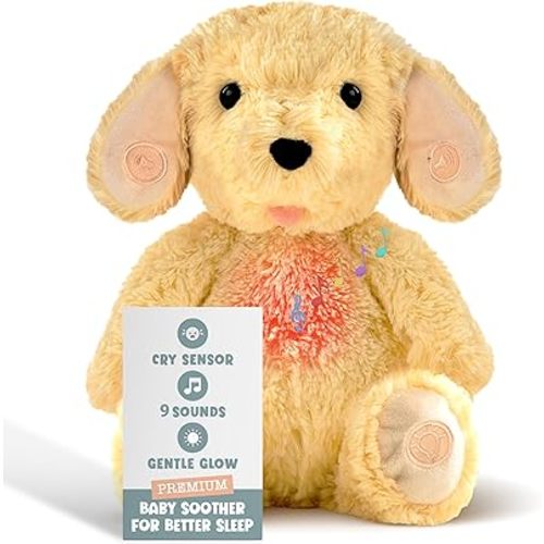 Gemma Joy Baby Sleep Soother Puppy for Baby – Cry Activated Heartbeat Stuffed Animal – Rechargeable Crib Soother with White Noise, Shush, Lullabies & Night Light – Newborn Essentials Must Haves