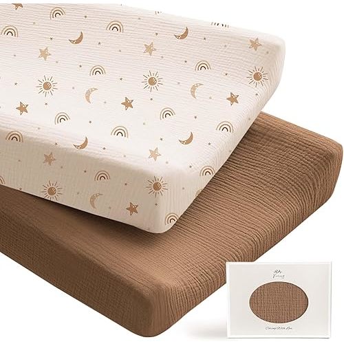 Konssy 2 Pack Muslin Changing Pad Covers for Boys, Ultra Soft & Breathable Cotton Baby Diaper Changing Table Covers, Neutral Nursery Diaper Changing Pad Sheets (Sunbeam Yellow,Coffice)