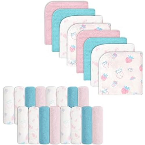 Baby Washcloths, 24Pack Baby Wash Cloths Extra Soft & Ultra Absorbent, Baby Towels Face Towel Unisex for Boys Girls Face & Body, Washclothes Gentle on Sensitive Skin, 9''x 9'' Strawberries