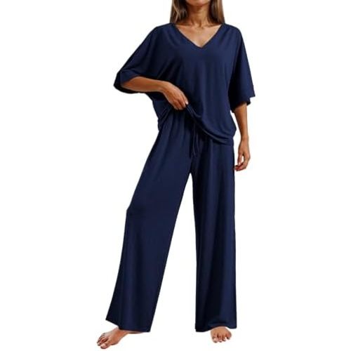 Ekouaer Pajama Sets for Women 2 Piece Lounge Set Short Sleeve Tops and Long Pants Soft Comfy Pjs Sleepwear Outfits S-XXL