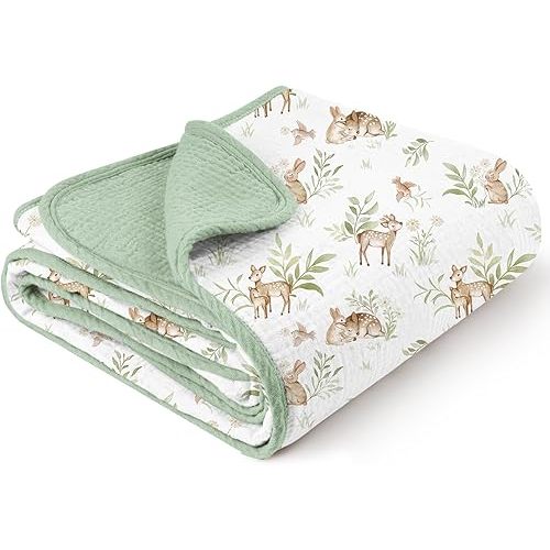 Konssy Muslin Baby Blankets for Girls Boys, 100% Cotton Crib Blanket for Baby Infant Toddler, Super Soft and Lightweight Nursery Blankets 40"x36" (Woodland)
