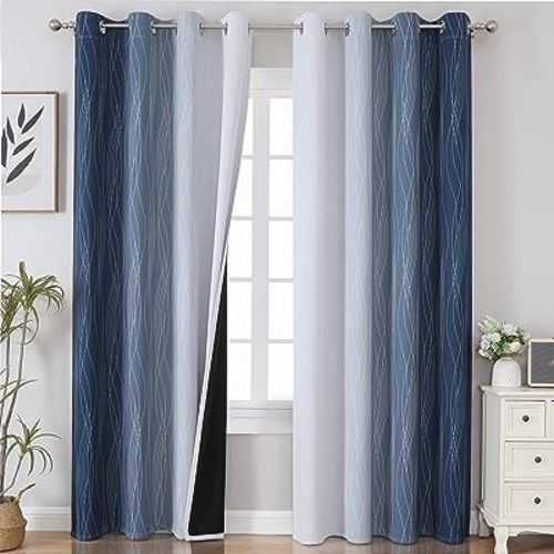Estelar Textiler Navy Blue and Greyish White Blackout Curtains for Bedroom 84 Inches Long, Full Room Darkening Grommet Curtains for Living Room,Thermal Insulated Ombre Drapes,52Wx84L,2 Panels