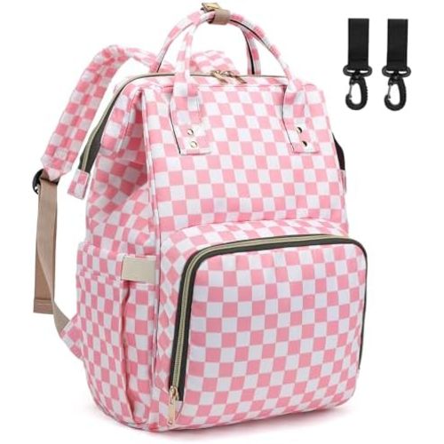 Checkered Pink Baby Diaper Bag Backpack for Women, Large Capacity Waterproof Maternity Travel Nappy Backpacks with Stroller Straps