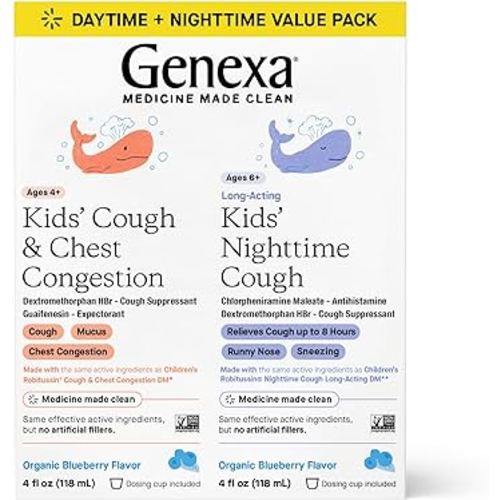 Genexa Kids' Day & Night Cough Combo Pack | Childrens Liquid Daytime Cough & Chest Congestion Relief | Nighttime Cough Suppressant + Runny Nose & Sneezing Relief for Kids 6+ | Blueberry Flavor, 4 FLOz