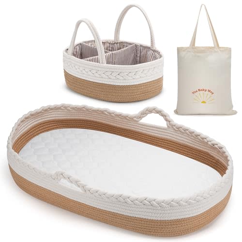 The Baby Wey Baby Changing Basket, Moses Basket, Foam Basket Pad, 2 Washable Waterproof Pad Covers, Matching Diaper Caddy, Cloth Tote Bag for Traveling, Portable Changing Pad