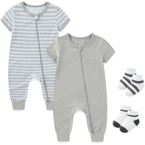 falianni Baby Boy Girl 2-Pack Rompers with Socks 0-18M Toddler Unisex Zipper Short Sleeve Jumpsuits Clothes