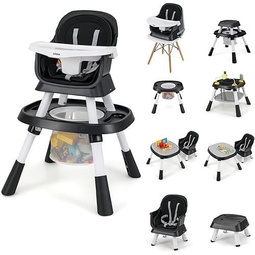 INFANS 9 in 1 High Chair, Convertible Baby Highchair for Babies and Toddlers, Table and Chair Set Building Block Infant Dining Booster Seat, Kids Stool with Activity Children Play Kitchen (Black)