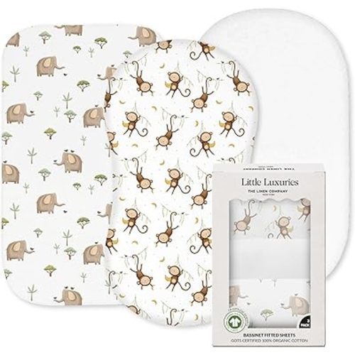 100% Organic Cotton Bassinet Sheets 3-Pack - Fits Baby Delight, Halo Bassinest Swivel Sleeper, Graco & Chicco Bassinet Mattress - Breathable Fitted Bedside Sleeper Sheets for Girls & Boys (33"x17")