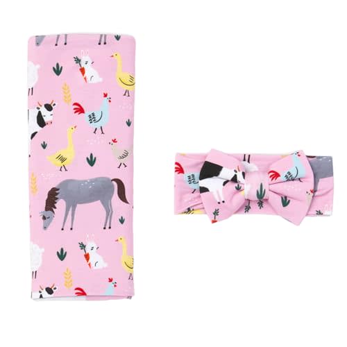 Little Sleepies Swaddle & Headband Bow Set, Viscose from Bamboo Baby Swaddles, Newborn Baby Girl Clothes (Luxe Pink Farm Animals)
