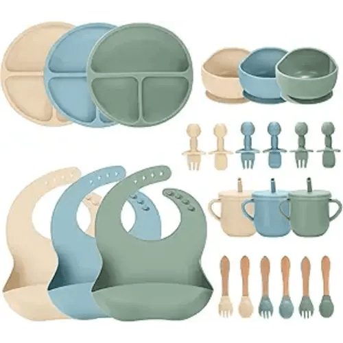 24 PCS Silicone Baby Feeding Set, Baby Led Weaning Supplies Includes Suction Bowls and Divided Plates, Adjustable Silicone Bib, Spoons&forks, Training cup with straw (Green+Blue+Beige)