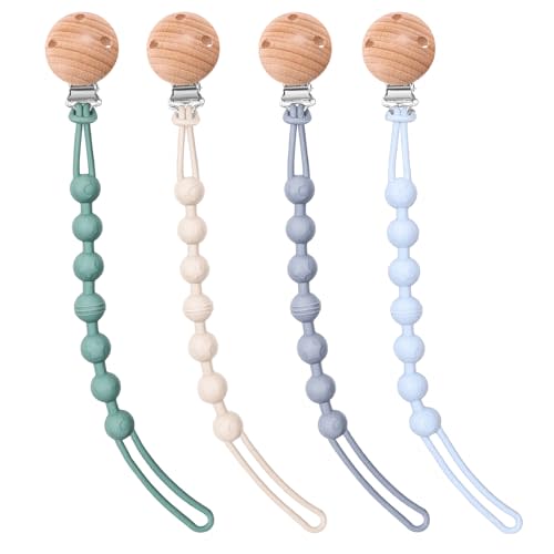 AIXMEET 4-Pack Silicone Pacifier Clip Holder, Soft Flexible Binky Clips, Food Grade Silicone Pacifier Strap with Clip, Teethers Toys Clips, for Baby Boy and Girl,One Piece Design