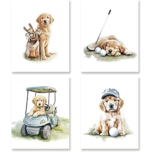 KSDUT Dog Golf Wall Art Decor Set of 4 - Golden Retriever Golfing Artwork Poster Rustic Kids Room Golf Wall Decor for Nursery Bedroom Home Gallery Decorations - 8"x10" Unframed