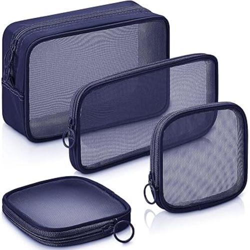Weewooday 4 Pcs Mesh Makeup Bag Mesh Cosmetic Bag Travel Toiletry Pouch with Zipper Mini Makeup Cosmetic Purse for Daily Accessory(Small, Large, Medium,Navy Blue)