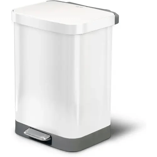 Glad Stainless Steel Step Trash Can with Clorox Odor Protection | Large Metal Kitchen Garbage Bin with Soft Close Lid, Foot Pedal and Waste Bag Roll Holder, 13 Gallon, White