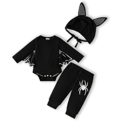 My First Halloween Newborn Baby Clothes Bat Spider Romper Bodysuit+Pants+Hats 3PCS Infant Outfits Set