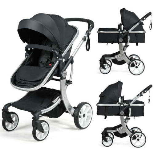 COSTWAY Folding Aluminum Infant Reversible Stroller With Diaper Bag-Black