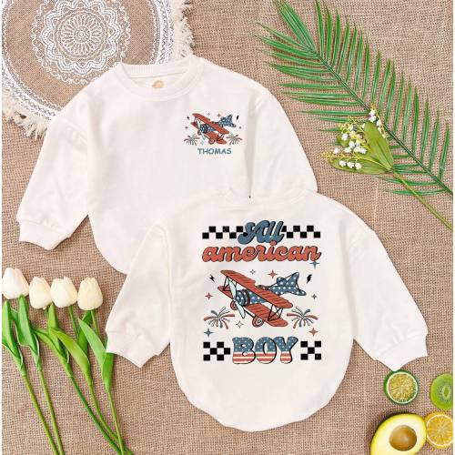 Custom Name All America Boy Romper Sweatshirt, 4th Of July Baby Romper, Independence day, American flag romper , Gift Baby Boy Outfit