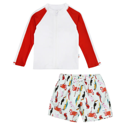 Boys Long Sleeve Zipper Rash Guard and Swim Trunk Set | "Tropical Birds”