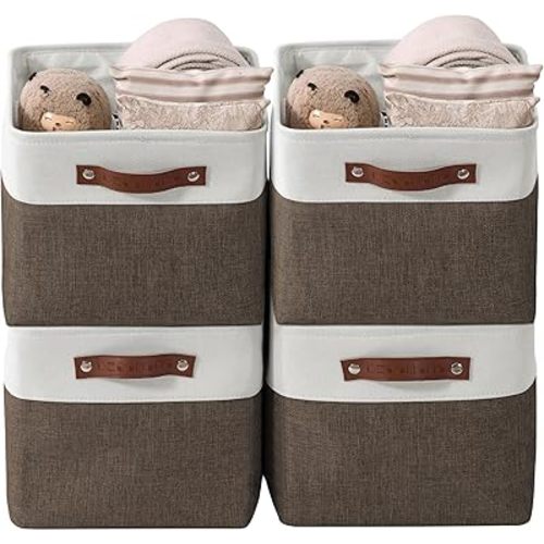 DECOMOMO Storage Bins Fabric Storage Baskets for Shelves, Linen Closet Organization Toys Nursery (Brown and White, Large - 4 Pack)