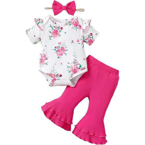 SUNNY PIGGY Baby Girl Clothes Ruffle Short Sleeve Romper Long Pants Set with Headband Newborn Infant Outfits