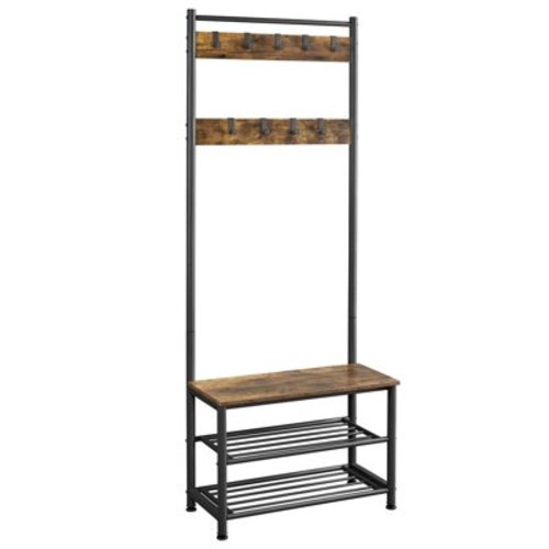 Alden Design 73" Metal Hall Tree with Shoe Storage Bench, Rustic Brown