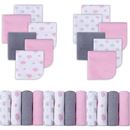 Viviland Baby Washcloths, Super Soft Baby Bath Towels for Newborn 24 Pack, Absorbent Face & Body Wash Cloth for Baby Girl, Pink-Elephant Pattern, 9 x 9 inch