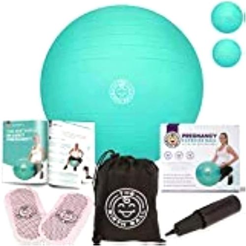 Birthing Ball for Pregnancy & Labor - 18 Page Pregnancy Ball Exercises Guide by Trimester - Non Slip Socks - How to Dilate, Induce, & Reposition Baby for Mom