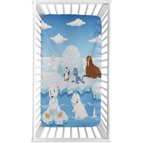 Kids Fitted Crib Sheet,Image of Arctics Animals Polar Bears Seal Penguins Wolfs Whales Work of Art Microfiber Silky Soft Toddler Mattress Sheet Fitted,28"x 52"x 8'',Baby Sheet for Boys Girls