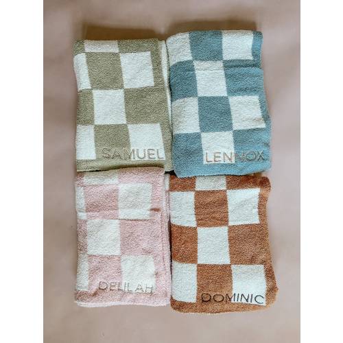 Super Soft Cozy Checkered & Solid Embroidered Baby Toddler Decorative Blanket