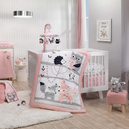 Forever Friends White/Pink/Gray Woodland Fox/Owl 4-Piece Nursery Crib Baby Bedding Set – Lambs & Ivy