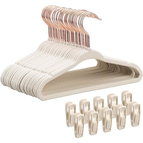 Tonswachic Baby Velvet Hangers 30 Pack - 11 Inch Premium Felt Non Slip Kids Hanger for Infant & Toddler Clothes - 0.2" Slim Space-Saving Baby Felt Hangers for Children's Closet with 10 Clips - Beige