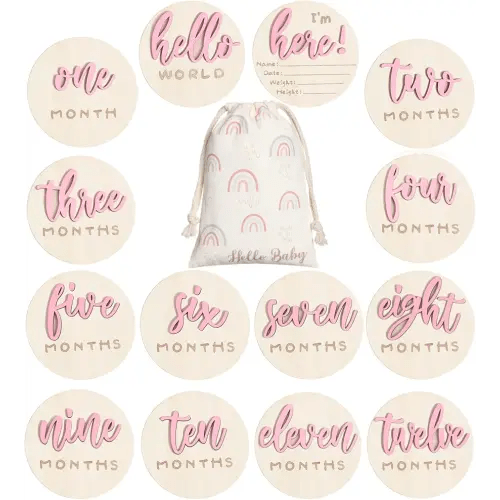 3D Baby Milestone Wooden Circles Hello World Newborn Sign 7 Pack Double Sided Monthly Milestone Cards Sign Baby Announcement Sign for Newborn Shower Photo Props(Pink)