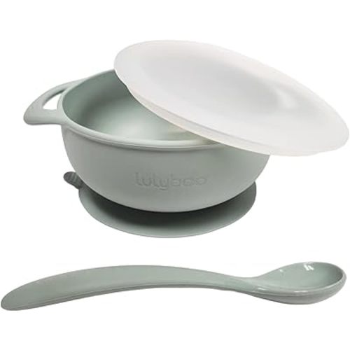 Lulyboo Silicone Feeding Packable Bowl with Handles and Lid & Spoon for Baby and Toddler, Green