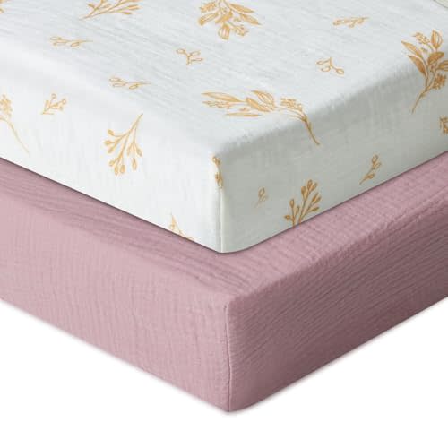 Lilian&Gema Muslin Crib Sheets, 2 Pack Cotton Crib Sheets Fitted for Standard Crib Mattress 52"x28", Soft and Breathable Pink Crib Sheets for Baby Girls and Boys