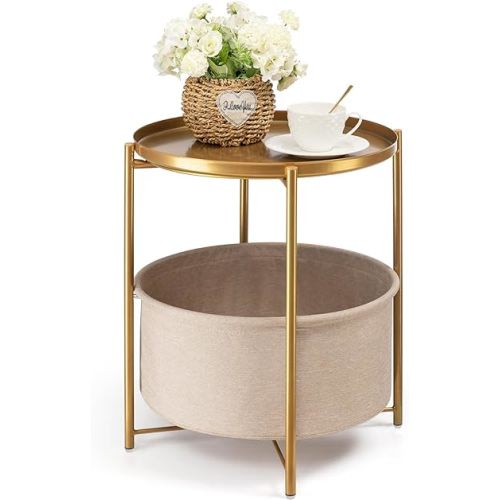danpinera Round Side Table with Fabric Storage Basket, Metal Small Bedside Nightstand with Removable Tray Top for Living Room, Bedroom, Nursery, Laundry, Gold