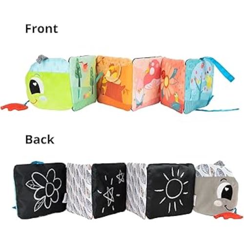 Lamaze Colorful Journey Caterpillar High Contrast Baby Book - Soft Fabric Baby Sensory Books - Includes Chewy Apple for Teething Babies - Baby Sensory Toys Ages 6 Months and Up