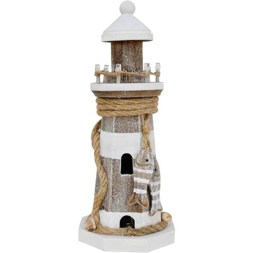 Wooden Lighthouse Decoration with Lights Nautical Tabletop Centerpiece Decorative Tower Light Ocean Beach Themed Sculpture Indoor Outdoor Wood Coastal Decor for Party Mantel Table (9"H White)