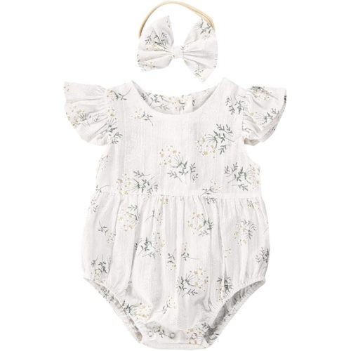Newborn Baby Girl Romper Floral Ruffle Sleeveless Jumpsuit Cotton Bodysuit with Headband Summer Clothes Outfit